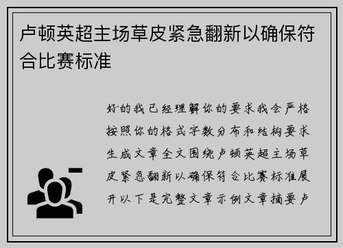 卢顿英超主场草皮紧急翻新以确保符合比赛标准